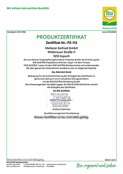 Molkerei Seifried Bio Austria Zertifikat